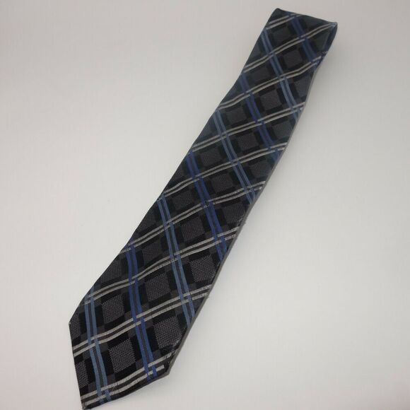 Michael Kors Classic Men's Tie Gray Black Blue Windowpane Argyle Stripe - Picture 2 of 6